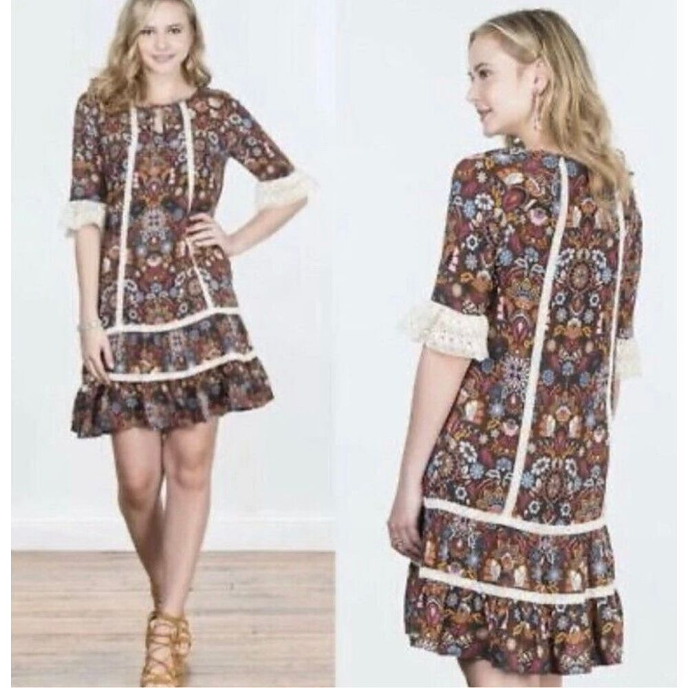 NWT Matilda Jane Intermission Dress -Make Believe sz M Boho Lace Bell Sleeves Hi